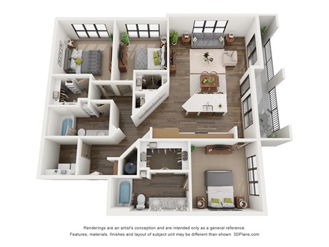 Floor plan for 3 beds, 2 baths, 1422 sqft